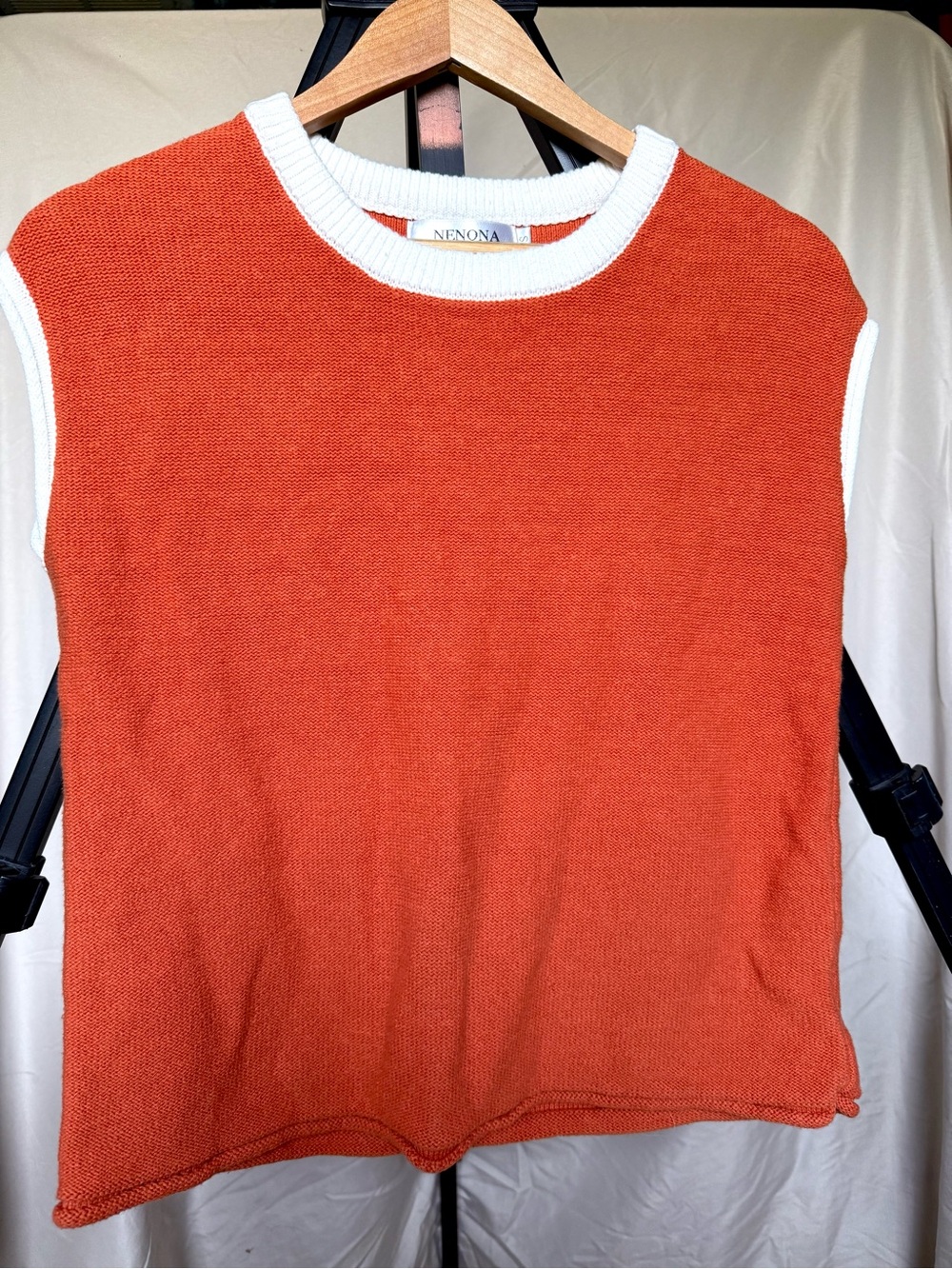 Orange Knit Sleeveless Sweater with White Trim